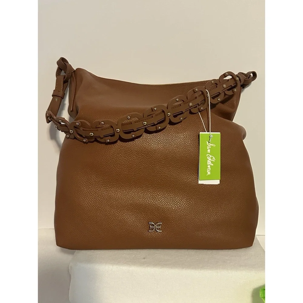 Sam Edelman Hobo Bag Bay Large Genuine Leather Chainlink Shoulder Caramel/Brown - Picture 5 of 13